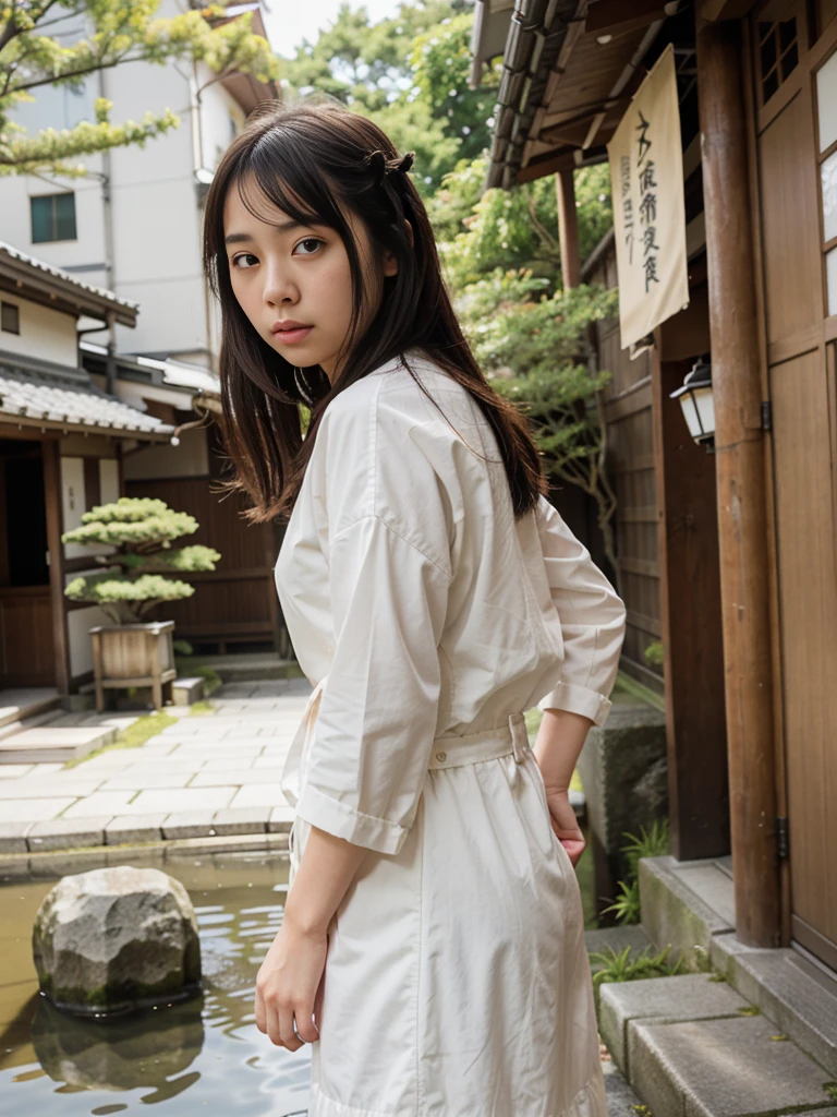 1 person　Cute Japanese Girl　Rivers in Kyoto　Hair fluttering gently in the wind