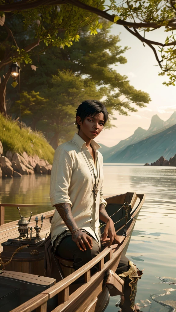 1man, black short hair, sits on boat, cinematic lighting, unreal engine, trending on ArtStation, intricate details, masterpiece, best quality, by Irakli Nadar, Greg Rutkowski，(((best quality))),(((ultra detailed))),(((masterpiece)))