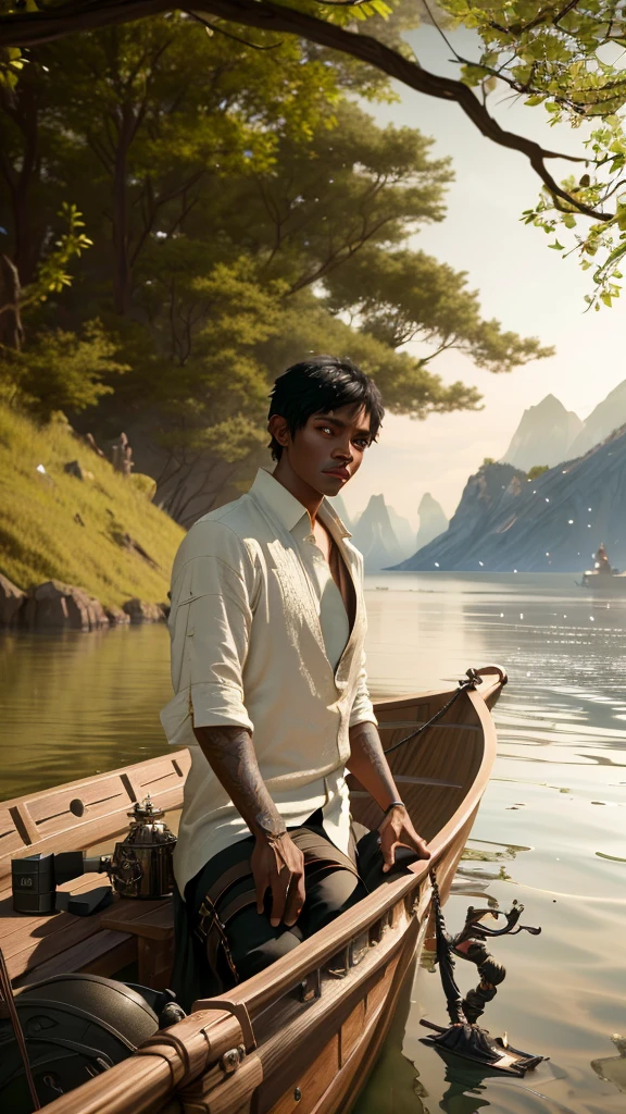 1man, black short hair, sits on boat, cinematic lighting, unreal engine, trending on ArtStation, intricate details, masterpiece, best quality, by Irakli Nadar, Greg Rutkowski，(((best quality))),(((ultra detailed))),(((masterpiece)))