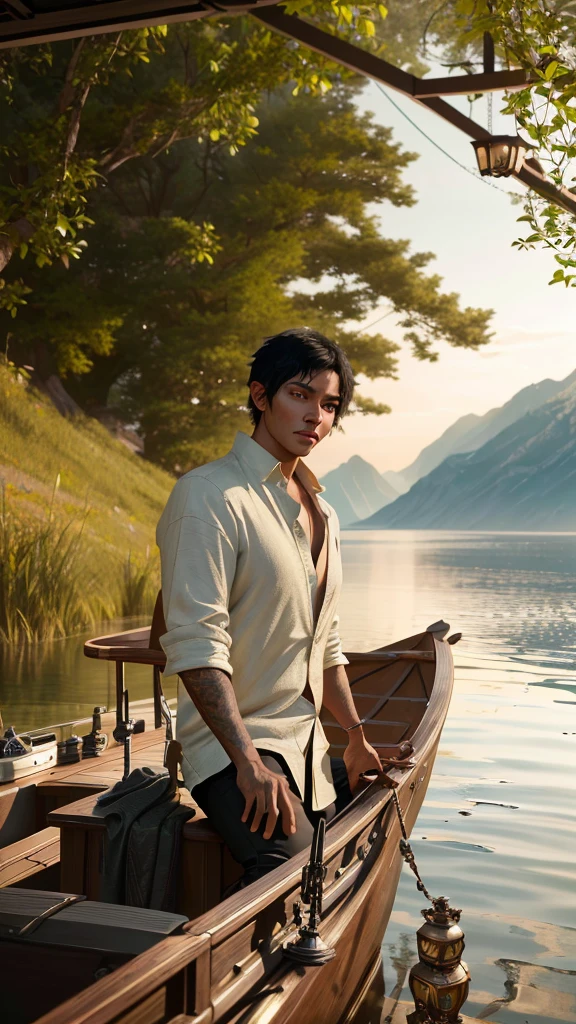 1man, black short hair, sits on boat, cinematic lighting, unreal engine, trending on ArtStation, intricate details, masterpiece, best quality, by Irakli Nadar, Greg Rutkowski,(((best quality))),(((ultra detailed))),(((masterpiece)))