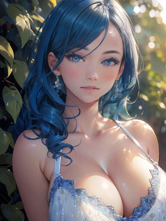 1 girl, bright blue hair, orange sweater, outdoor, long hair, breasts, smile, detailed face, beautiful detailed eyes, beautiful detailed lips, extremely detailed eyes and face, long eyelashes, (best quality, 4k, 8k, highres, masterpiece:1.2), ultra-detailed, (realistic, photorealistic, photo-realistic:1.37), portraiture, vibrant colors, natural lighting, warm tones, large breast, sensual Perfect body.