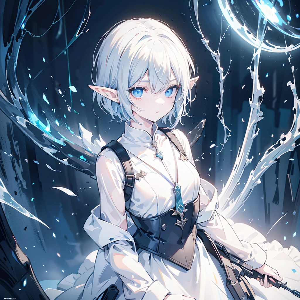 1 elf boy, short hair elf, sci-fi outfit, penetrating gaze, intense expression, glowing eyes, dramatic lighting, cinematic, moody, dark, beautiful forest , highly detailed, hyper-realistic, 8k, photorealistic, masterpiece, chiaroscuro, dramatic contrast