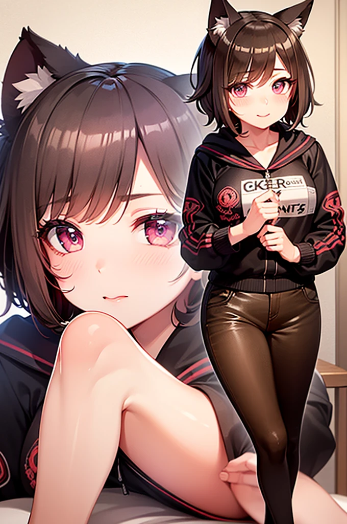 ((masterpiece)), ((detailed, high quality)), girl, cute face:1.2, soft brown hair, super straight hair, ((puppy ears lowered)), pink eyes, ((soft brown clothes)), cute clothes, bedroom, close-up, cute pose