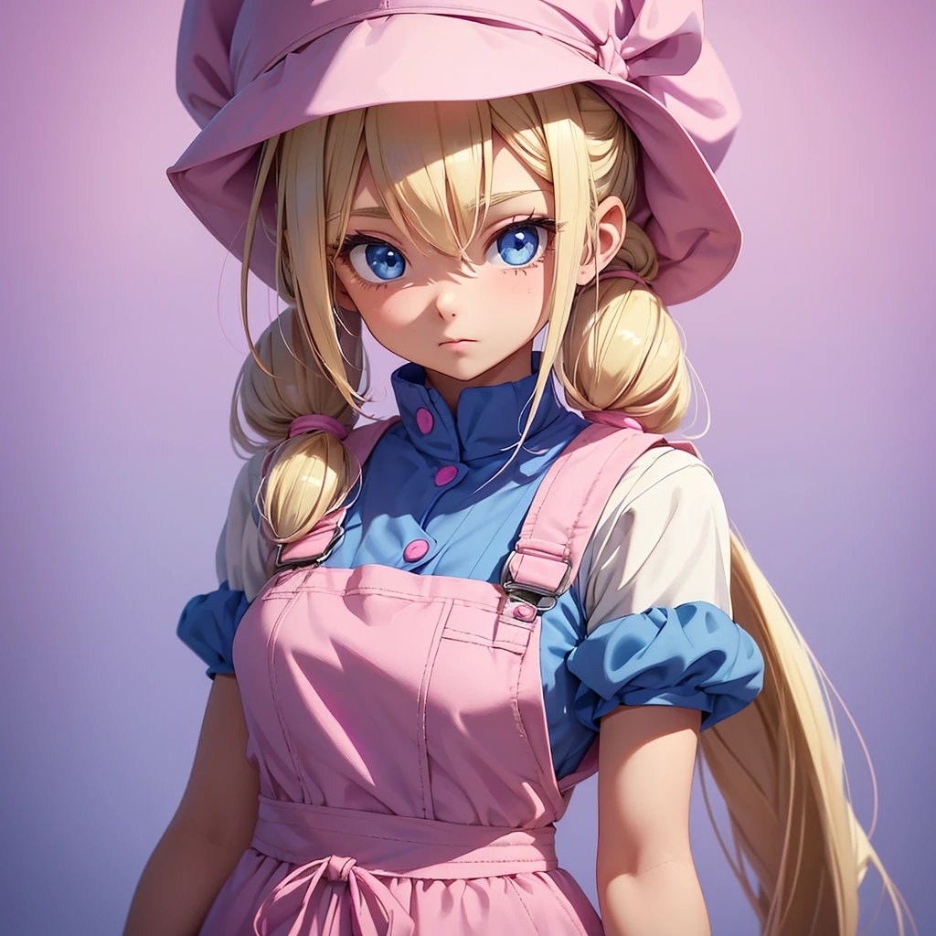 1 adult girl, blue eyes, Blonde, hair in two pigtails, pink vests, pink dress with white overalls, a pink hat on her head, in a calm and sweet environment, photography as for social media profile, Dragon Ball Z style and design, especially in the eyes, purple background