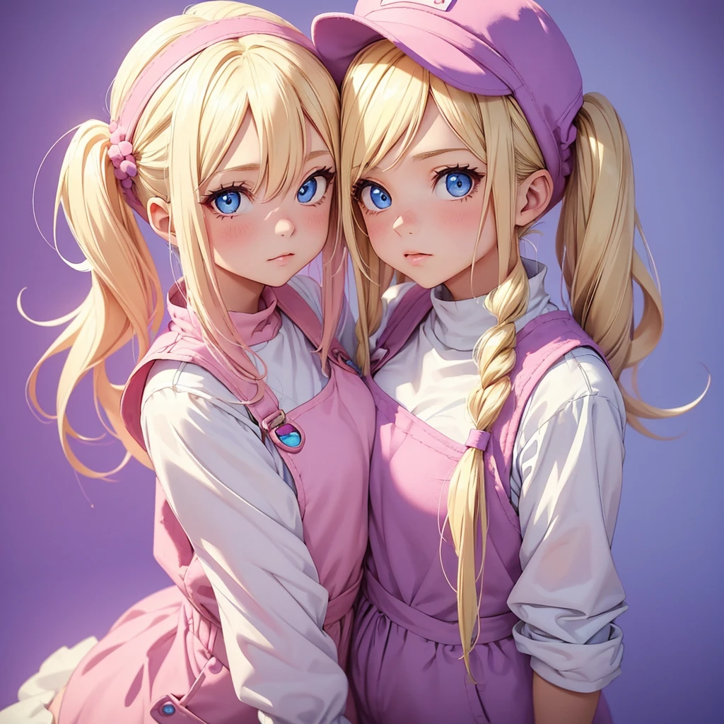 1 adult girl, blue eyes, Blonde, hair in two pigtails, pink vests, pink dress with white overalls, a pink hat on her head, in a calm and sweet environment, photography as for social media profile, Dragon Ball Z style and design, especially in the eyes, purple background
