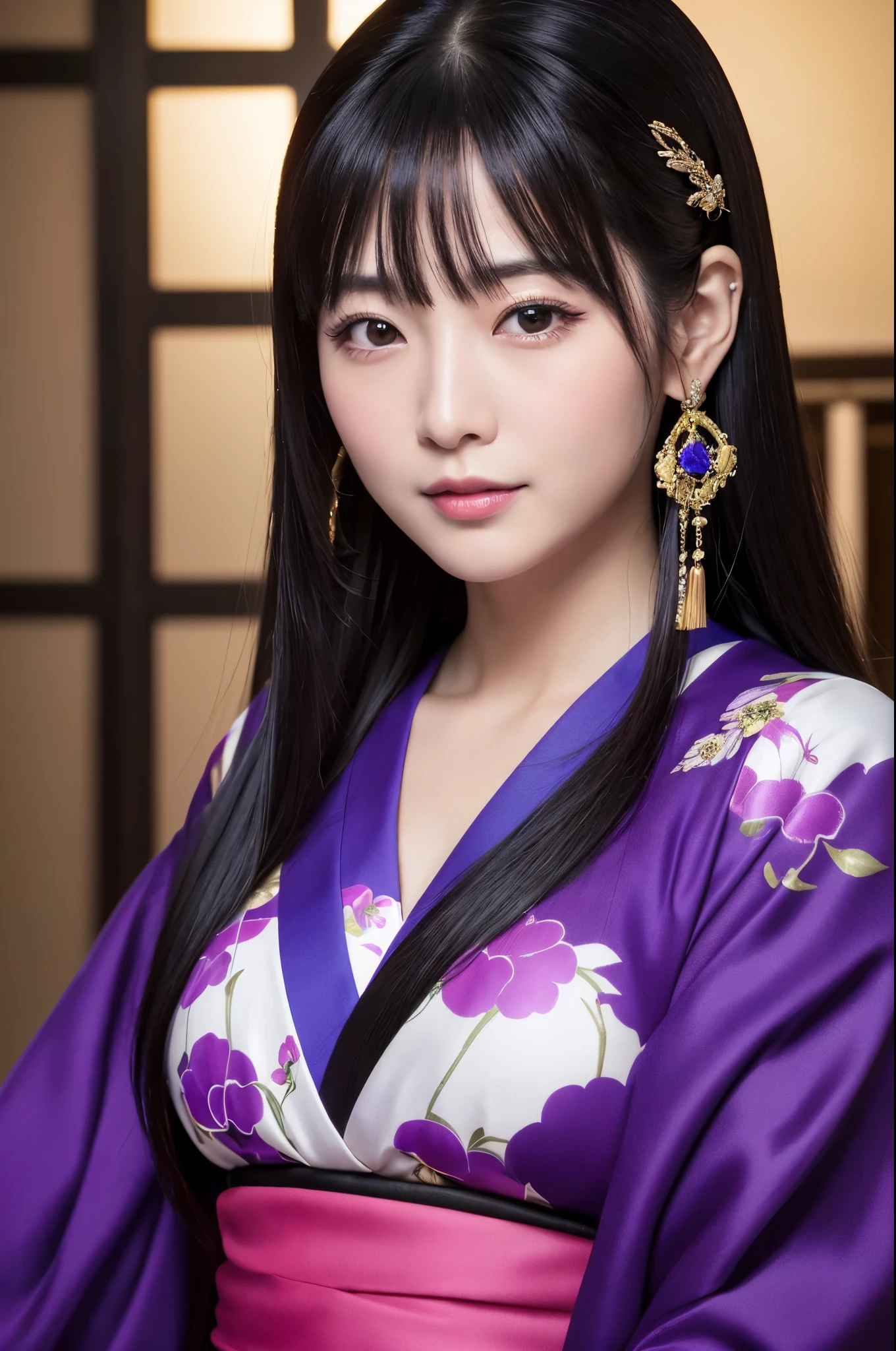 (8K,Photorealistic　to be born写真　Highest quality;1.4) Mature Japanese Goddess,so beautiful(A vivid face) ,(Long black hair),清楚なQueen,Gorgeous black and purple Japanese goddess&#39;Traditional costume of the month,Engage your audience,Beautiful expression,Moist black eyes,Queenのメイクアップ,(Queen),charm,Small breasts,Golden decoration,筋肉質の細い身体のマッチョなQueen,Gorgeous hair ornament,Holding a folding fan,kimono,Black and purple 月のkimono,非常にSmall breasts,Red eyeshadow,Ultra-high resolution,Surreal,Attention to detail,Rich colors, Backlight, Cinema Lighting, Film Grain, to be born, 50mm lens, Nikon D850,smile,Ultra-realistic,Highest qualityのフォトリアリスティックなRAW写真。Bright colors,Image of a perfect woman,Fantasy art,Character Art,background,A room in a large mansion,Extremely stiff abs,Muscular Beauty,Flower Hair Ornaments,Hairpin,