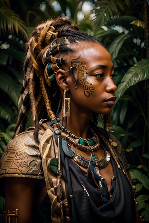 1 African woman, 30 years old, pretty face, dreadlocks, hyperrealistic, ultra detailed face and body, realistic representation,  stands in the jungle