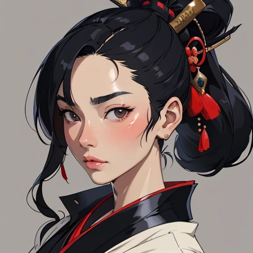(masterpiece), (best quality),(portrait),(bust up),1girl,solo,(sharp focus),(look at viewer),Samurai girl,black hair, (kimono:1), ancient luxurious long clothes,(simple background),old school fantasy art,super shiny face,Ultra Glossy Skin