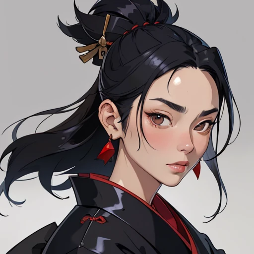 (masterpiece), (best quality),(portrait),(bust up),1girl,solo,(sharp focus),(look at viewer),Samurai girl,black hair, (kimono:1), ancient luxurious long clothes,（simple background),old school fantasy art,super shiny face,Ultra Glossy Skin