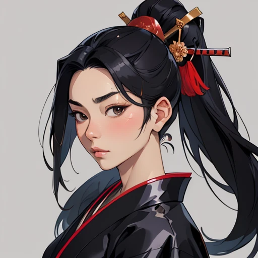 (masterpiece), (best quality),(portrait),(bust up),1girl,solo,(sharp focus),(look at viewer),Samurai girl,black hair, (kimono:1), ancient luxurious long clothes,（simple background),old school fantasy art,super shiny face,Ultra Glossy Skin