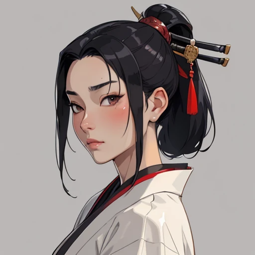 (masterpiece), (best quality),(portrait),(bust up),1girl,solo,(sharp focus),(look at viewer),Samurai girl,black hair, (kimono:1), ancient luxurious long clothes,(simple background),old school fantasy art,super shiny face,Ultra Glossy Skin