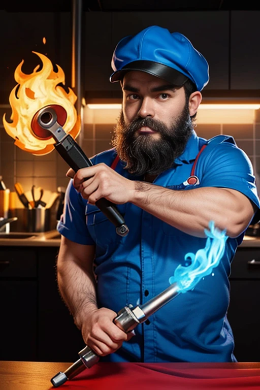 drawing of a man with a beard holding a wrench and a blue flame, caricature illustration, caricature style, cartoon digital painting, cartoon artstyle, professional illustration, professional illustration, cartoon digital art, caricature!!!, drawing digital art animation, cartoon style, colorful digital illustration, caricature, cartoon style illustration, mechanic, cartoon art, wearing plumber uniform, 8k