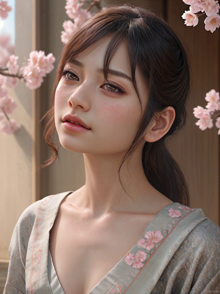a detailed portrait of Kanao Tsuyuri from Demon Slayer, beautiful detailed eyes, beautiful detailed lips, extremely detailed face, long eyelashes, beautiful young girl, serene expression, intricate detailed hair, ornate japanese hair ornaments, elegant ornate kimono, detailed floral patterns, detailed sakura petals, delicate skin, soft lighting, cinematic lighting, dramatic lighting, muted color palette, atmospheric, highly detailed, masterpiece, 8k, cinematic quality, photorealistic, digital painting