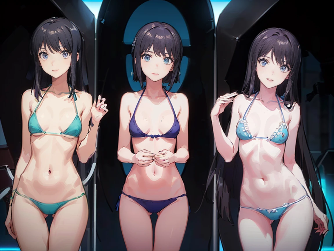 (((High resolution))), (((Very detailedな))), (((Three Girls:1.3))),((7Head to Body:1.3))、 (((Midday Blue Background)))、(((Cute face:1.3))), (((smile:1.5)))、(((Beautiful and detailed eyes:1.3))), (((Very detailed))), (((Details face:1.5))), break , ,sunny, ,((bikini:1.4)),((Very delicate body))、((Very flat chest))、((Small waist))、((thigh gap:1.5))、Friendly atmosphere,((from side))、Normal limbs、