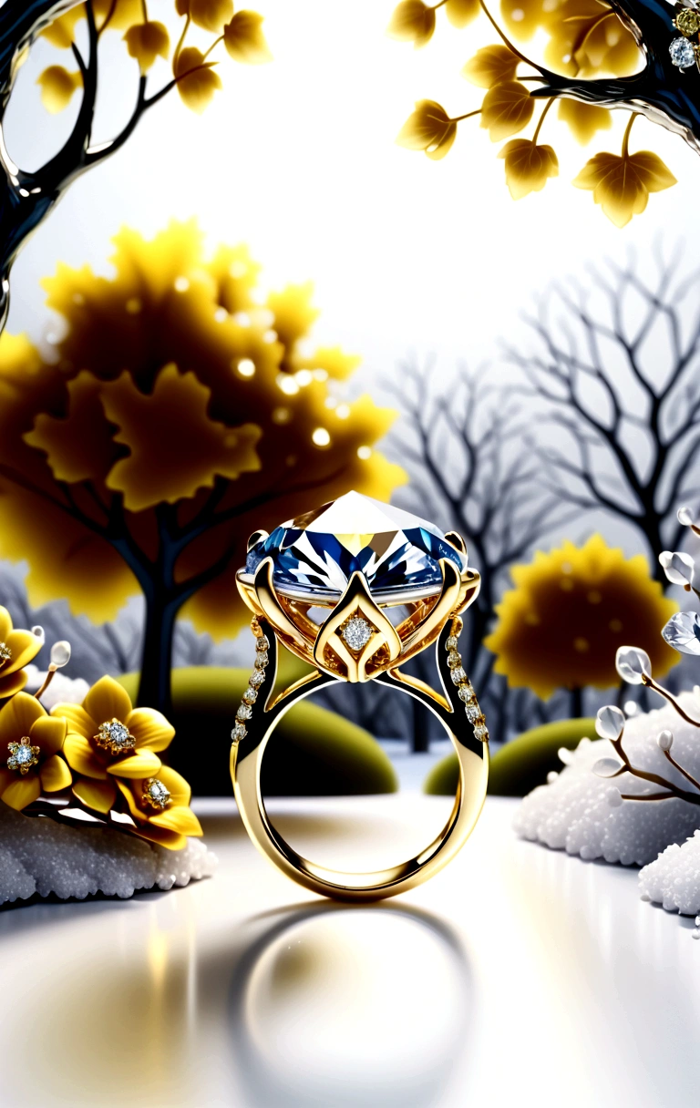 Winter theme, cold, freezing, (ring, Metallic texture, golden ring, diamond, diamond gem, white diamond, engagement ring, beautifull ring, Details, Focus:1.45),Dark trees, ripples,Fill with irregular geometric fluid oil,Splashing nebulae,Flowers,grape trees, grid,Bubble,Space flickering outside the door, (White background: 1.45),