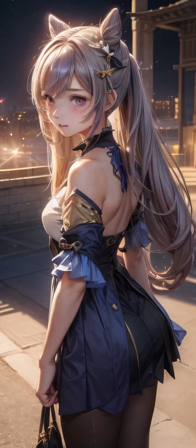 (1girl:1.3), (photorealistic:1.4), (masterpiece, top quality, best quality, official art), extreme detailed, highest detailed, (ultra-detailed), ((an extremely delicate and beautiful)), cinematic light, contemporary, silky long hair, she standing at the station, in evening, shirt, long skirt, (butt crack), upper body, from above, shy, blush, (looking back:1.4),