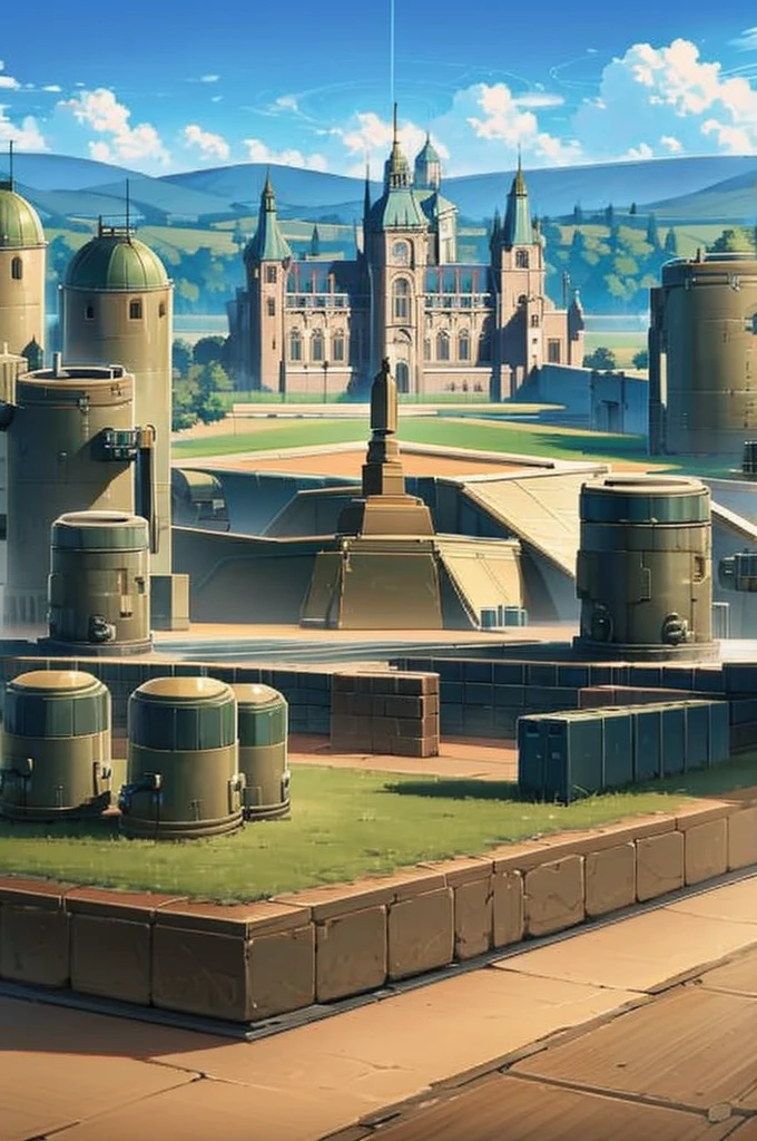 military base, with big castle, tanks, crowd, fenced in, army