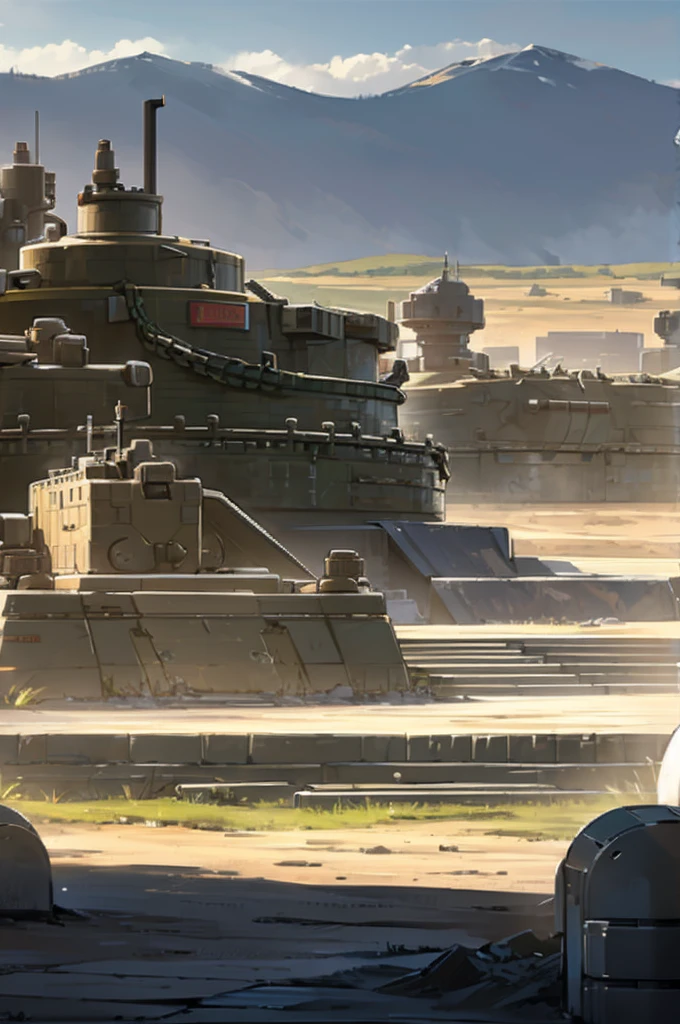 military base, with big castle, tanks, crowd, fenced in, army