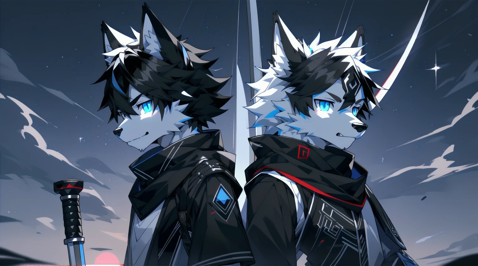 White Wolf，black hair，Sky blue eyes，hairy，Wolf ears，Wolf tail，Full body portrait，The character is in the center of the frame，Handsome，Confident eye***but，juvenile，Black and white combat uniform，Red neck bib，Black shorts，Short sleeve，hairy arms and legs，Dark background，Dark battlefield，dawn，sunrise，dawn，illumination，shadow，Swordsman，Scabbard and Hold the hilt of a in your hand，The scabbard is at the waist，Highest quality,A tall stature