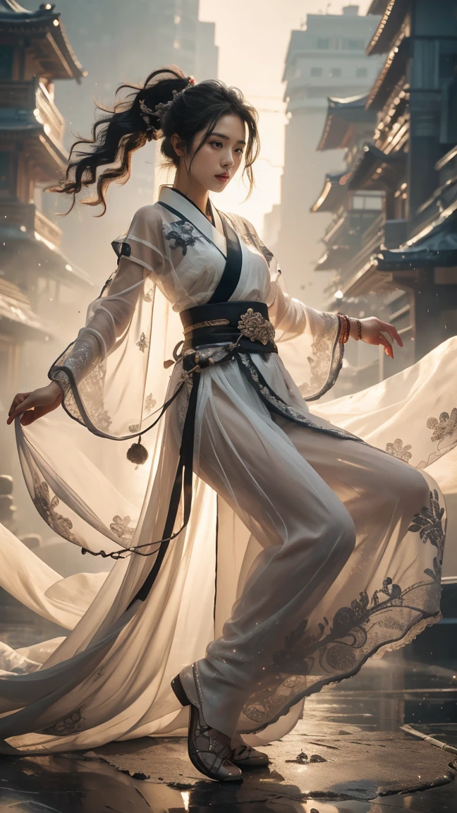 Full Body shot:1.2 1 girls,the most beautiful, Sweet, elegant ,full Body ,Small Breasts ,Rainy day in the background.,cityscape,1 female, beautiful girl, pretty face, Female Samurai, Supermodel, shiny bracelet, beautiful hanfu (Red, transparent),cape, alone, {Beautiful and delicate eyes}, Calm expression, Natural and soft Light, delicate face, a lot of small earringodel pose)), Glamor Body type, (Black neon hair:1.2), Nest, Long-term ponytail, a lot of_Long-term_hair, hair past hip, curly hair, Film particles, Real Hand, masterpiece, best quality, actual, มีรายละเอียดa lot of, Exquisite details, High resolution, Perfect dynamic composition, Beautifully detailed eyes, Smiling eyes, ((Nervous and shy)), sharp focus, full_Body, Sexy pose, cowboy_shoot, samurai girl, 發Light的額頭, Light,