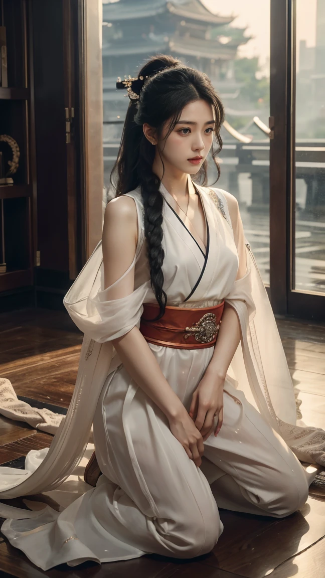 Full Body shot:1.2 1 girls,the most beautiful, Sweet, elegant ,full Body ,Small Breasts ,Rainy day in the background.,cityscape,1 female, beautiful girl, pretty face, Female Samurai, Supermodel, shiny bracelet, beautiful hanfu (Red, transparent),cape, alone, {Beautiful and delicate eyes}, Calm expression, Natural and soft Light, delicate face, a lot of small earringodel pose)), Glamor Body type, (Black neon hair:1.2), Nest, Long-term ponytail, a lot of_Long-term_hair, hair past hip, curly hair, Film particles, Real Hand, masterpiece, best quality, actual, มีรายละเอียดa lot of, Exquisite details, High resolution, Perfect dynamic composition, Beautifully detailed eyes, Smiling eyes, ((Nervous and shy)), sharp focus, full_Body, Sexy pose, cowboy_shoot, samurai girl, 發Light的額頭, Light,