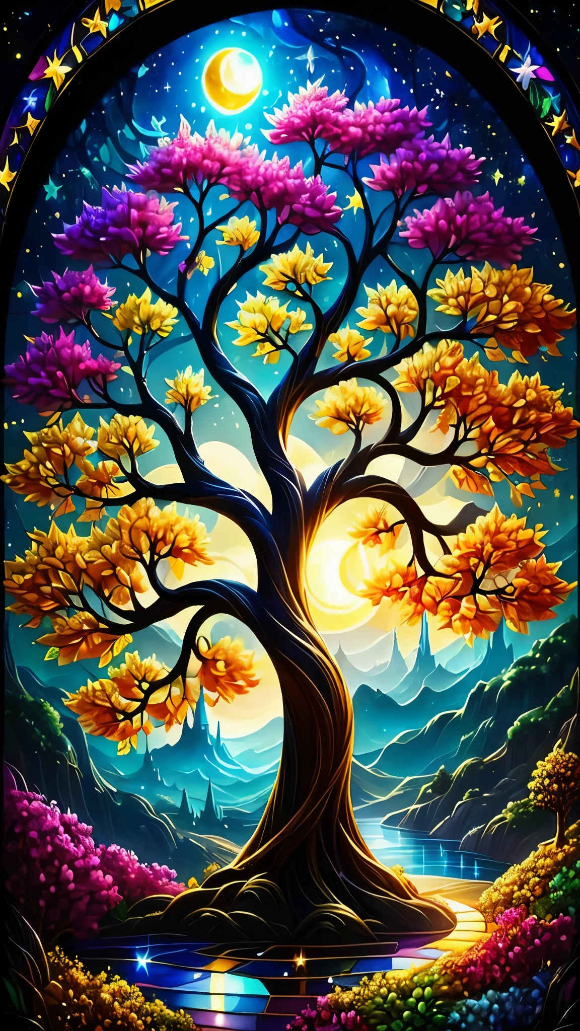 a painting of a tree with a full moon in the background, magical tree, fantasy tree, cosmic tree of life, cosmic tree, magic tree, beautiful color art!, tree of life, beautiful painting of a tall, golden sacred tree, very beautiful digital art, a beautiful tree, colorful landscape painting, magical landscape, beautiful art uhd 4 k, the tree of life