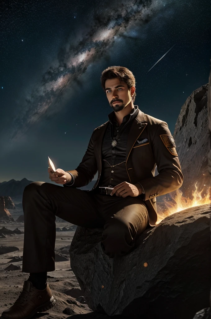 Draw a young programmer, sitting on a research platform floating in the middle of an asteroid belt. He is studying with a notebook, surrounded by several asteroids glowing with fiery auras. Dramatic lighting from distant stars and planets illuminates the scene, casting deep shadows on the suit. The young man looks confident and determined, looking at the vast and mysterious universe with wonder and respect,facial hair, cowboy shot,
INFO
Size
1024X1536
Date
May 20, 2023
Mode
Default
Type