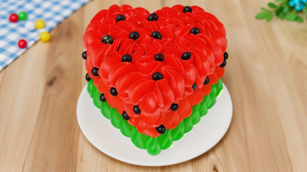 on a wooden table, on a white plate there is a heart-shaped cake made of red and green cream. star shaped cream, with black plastic beads. there is a blue checkered tablecloth on the table next to it, scattered rainbow jelly beans, chamomile lies, Multiple light sources, bright lighting, Realistic style , realistic texture, detailed texture, A high resolution, high quality, macro photo, ultra hd 4k quality.