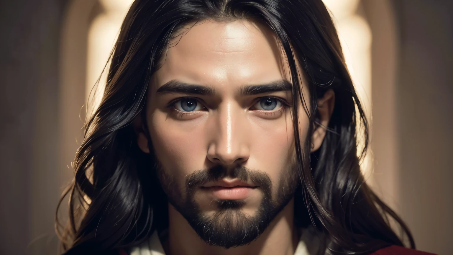 Photography of Jesus Christ, ((best qualityer, 8K, Masterpiece artwork: 1.2)), Ultra-realistic graphics, color photography, sharp focus, fully body, pious look, Highly detailed facial and skin texture, detailedeyes, direct eye contact, Super-resolution, Megapixels, ProFoto RGB, ultra HD