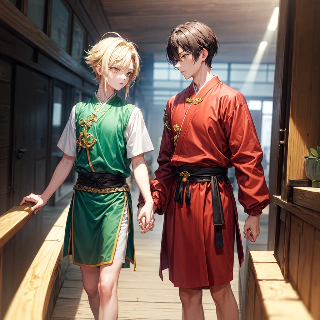 25 YEAR OLD BOY, Cao Cao, blonde and bright yellow eyes holding the hand of another shorter boy with light brown hair and green okhos