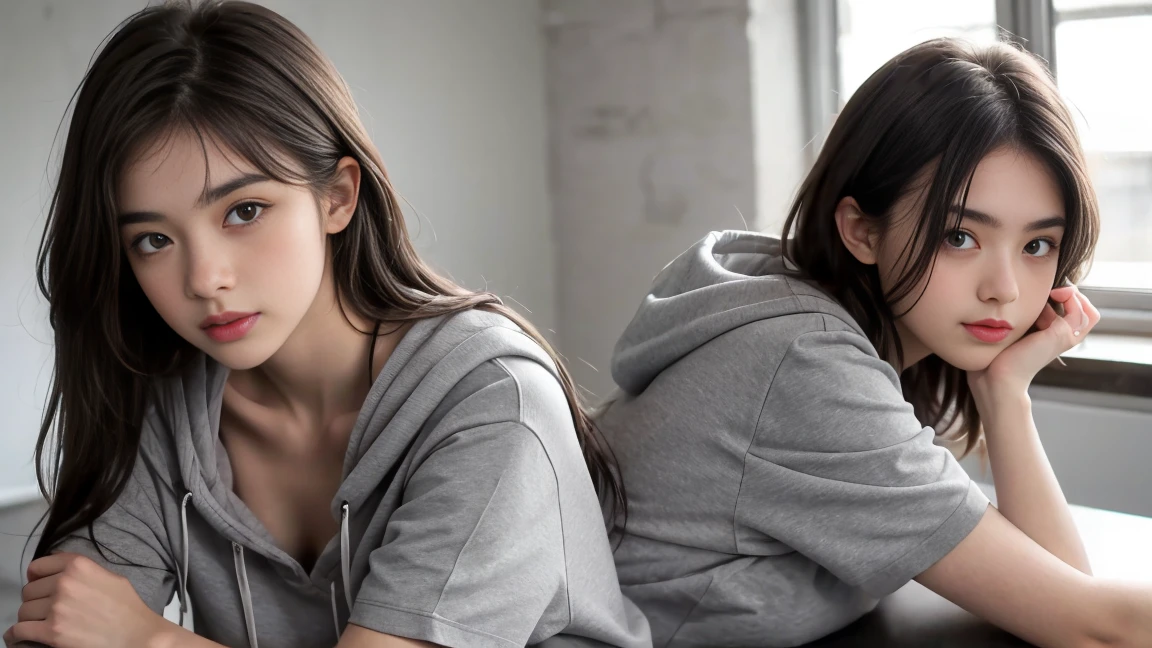 deux femmes ensemble de 18 ans sexy et mince , gray short sleeve hoodie , salle de classe, se touche,position sey,sensuel