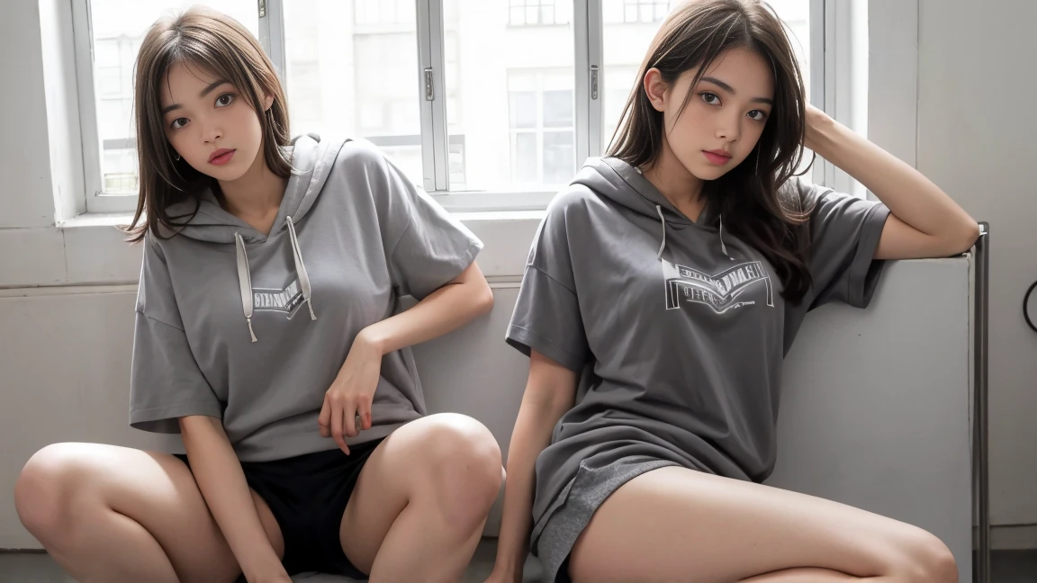 deux femmes ensemble de 18 ans sexy et mince , gray short sleeve hoodie , salle de classe, se touche,position sey,sensuel