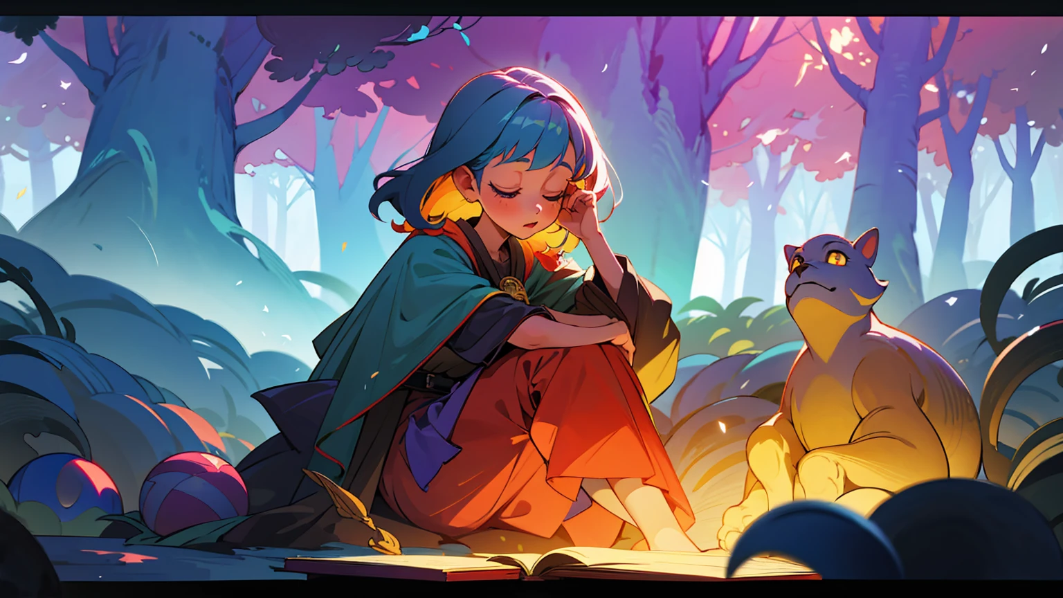 a girl sitting alone in an ancient forest, whispering spells, the trees murmuring secrets, animals speaking in human tongues, carrying a satchel of magical forest fruits and a forgotten tome of incantations, cinematic depth of field, fisheye lens, vibrant colors, masterpiece, best quality, 4k, 8k, hyperrealistic, photorealistic, cinematic lighting, mystical, fantasy, atmospheric