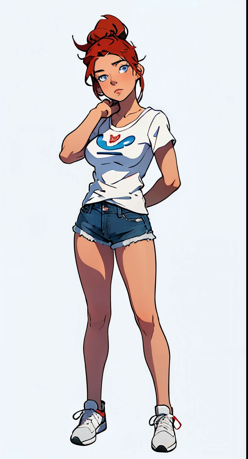 Fmasterpiece, best quality, full body,1girl,the highest image quality, 21-year-old woman, looks like Olivia Dunne, bright red hair, blue eyes, wearing a white graphic tee and denim shorts, large breasts, White background, empty background, whole body, arms crossed, sad expression on her face