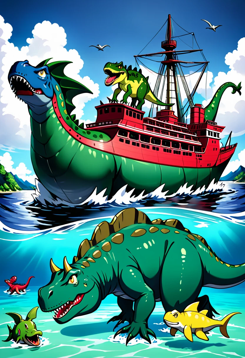 a group of animals that are in the water, by Hiroyuki Tajima, trending on zbrush central, tom cruise vs carnivore dinosaur, toy commercial photo, sea monster looks like ship, 🔥 😎 🕹️ 👀 :2
