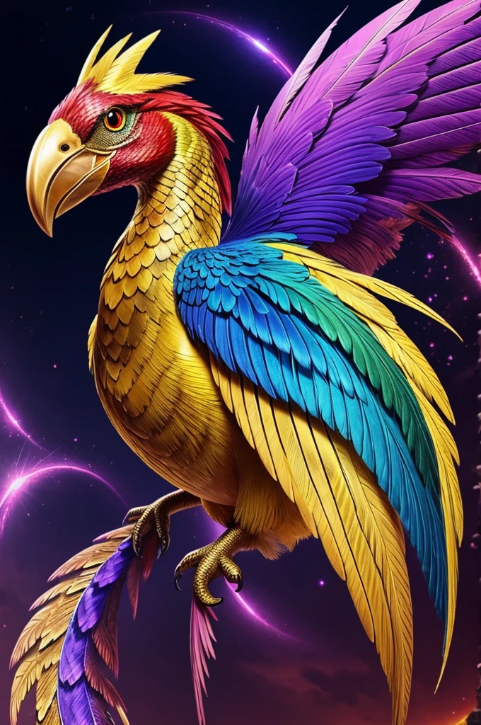 make a picture fantasy art anime version, a species of feathered dinosaur, The feathers are rainbow and the bottom part is like the skin of a golden snake., a curved beak with a red tip, long feathers on the head and violet eyes, Its tail is long and has scales.