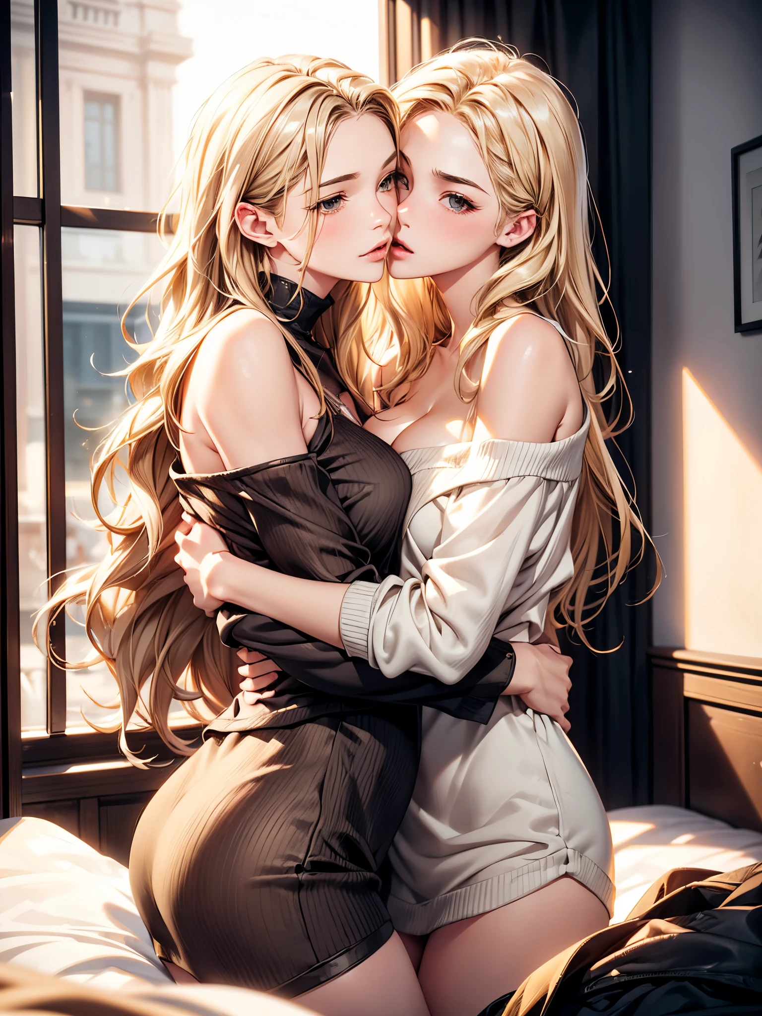 Female lover kissing, 2 girls, naked shirt female kissing in the bed, (SFW) Work, kissing together cutely, Girls Love Art, OPPEIN, break,
Slightly saggy big breasts, small breasts, (((Extra long blonde wavy hair))), (((Brown shoulder-length straight hair))), (/touch her clothes, /touch her breasts), (girl love hug), (girl love kiss), break,
The mouth is very detailed, detailed face, beautiful face, real texture skin, safe for work version, Octane Render, detailed background, layer cut, depth of field