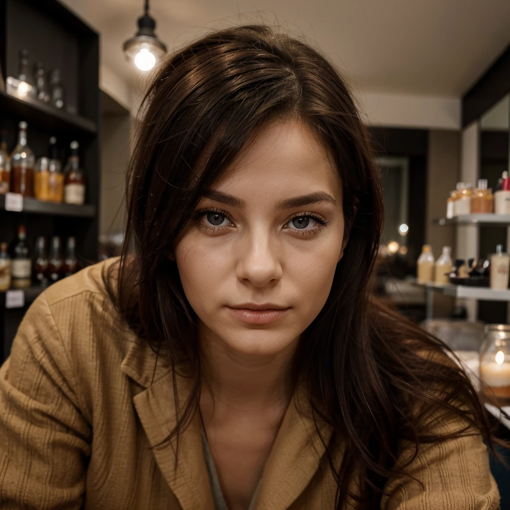 femme Française de 21 ans assise dans un canapé au salon, au long cheveux noir flottant et aux yeux perçant Il doit avoir une expression naturelle et accessible, Pose simple, simple vue, Coup moyen