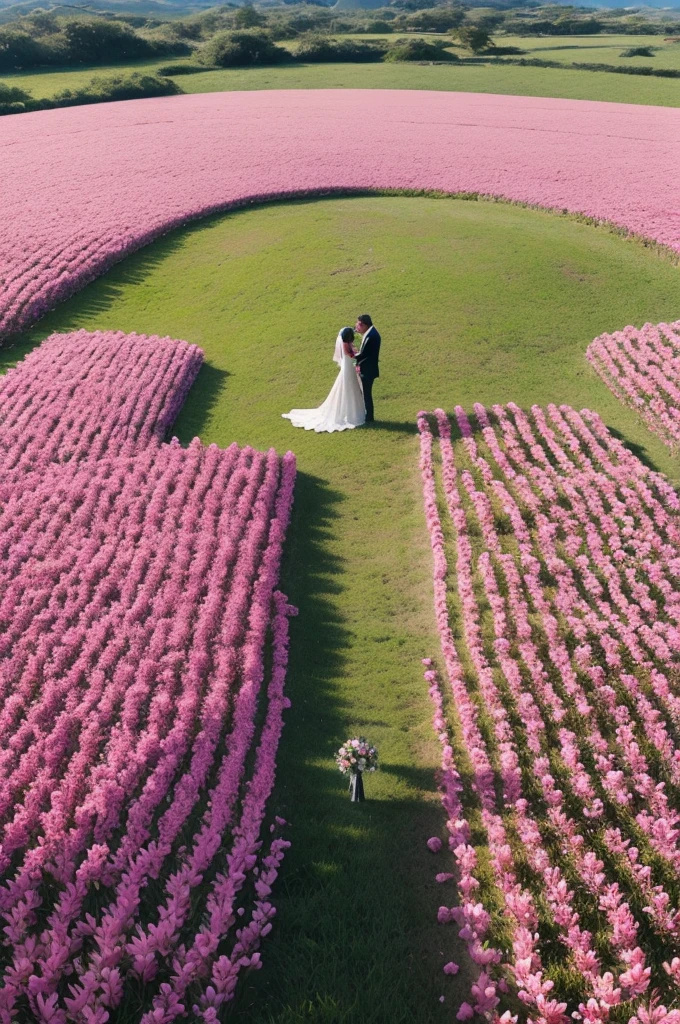 Image of a wedding at 10:30 am in a completely open field with a giant pigmented pink ipê releasing its flowers at the bride&#39;s entrance 
