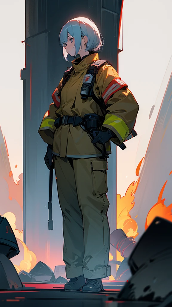 Anime male firefighter with thick eyebrows and big eyes one meter eight