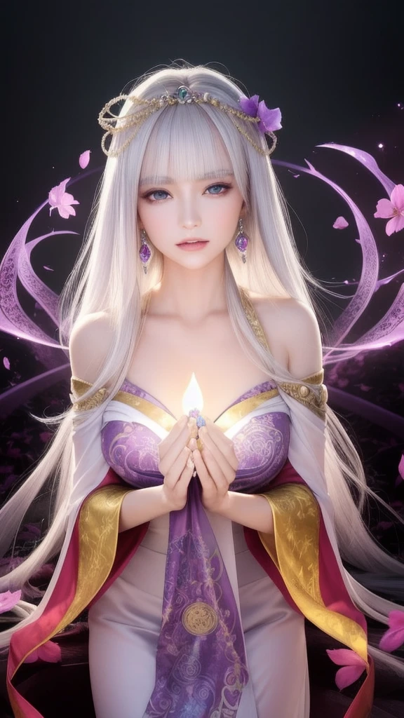 (masterpiece, top quality, 1 female, solo, exquisite details, chromatic aberration), (realistic), (skin), ((breathing)), (silver hair, blunt bangs, cropped straight long hair, short bangs, silver hair), beautiful hair, red headdress, highlights, hair on one eye, beautiful eyes, purple eyes, thick lips, earrings, piercing eyes, ((gold and white kimono)), ((symmetrical eyes)), ((perfectly symmetrical body)), ((perfectly symmetrical hands)), (purerosface_v1:0.3), full moon night, ((self, natural light))), bright lighting, flowers blooming in the background, in front of the viewer, ((central shot, from the front, (face and shoulders))), mysterious atmosphere, colorful flowers blooming around, light colored background, fortune teller in kimono, beautiful fortune teller, fortune teller, Fantasy female fortune teller, female fortune teller, fantasy photography, Japanese style, fortune teller in kimono, elegant cinematic fantasy art, fantasy woman, magician portrait, fortune teller, powerful wizard surrounded by mystical colorful flowers, holding a glowing heart crystal ball, eyes glowing with mystical energy, spells leaking from her mouth, vivid swirls of sorcery pulsating with iridescent hues appear in the air, magic permeates, flowers bloom, sacred creatures gaze in awe, threads of magical energy dance, reveal hidden realms, unravel secrets, capture the essence of this enchanting moment and bring to life the mysterious power of sorcery on a canvas of the highest quality and finest detail. Top Quality, Masterpiece, Ultra High Resolution, (Photorealistic: 1.4), RAW Photo, Sharp Focus, High Resolution, Detailed Skin.