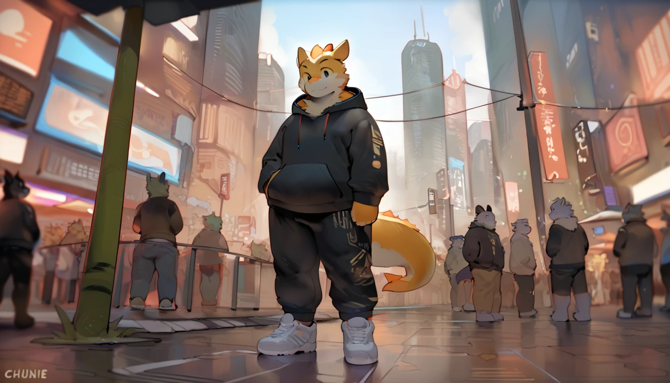 Dragon, male, adult,yaoi, doujin, furry, anthro, fat, cyberpunk fashion style, wearing black Hoodie, Long trousers, sneakers, out camera view, background, In the middle of the city, Modern era, three point perspective, character art style by quanjiang, by chunie, masterpiece,4k hd