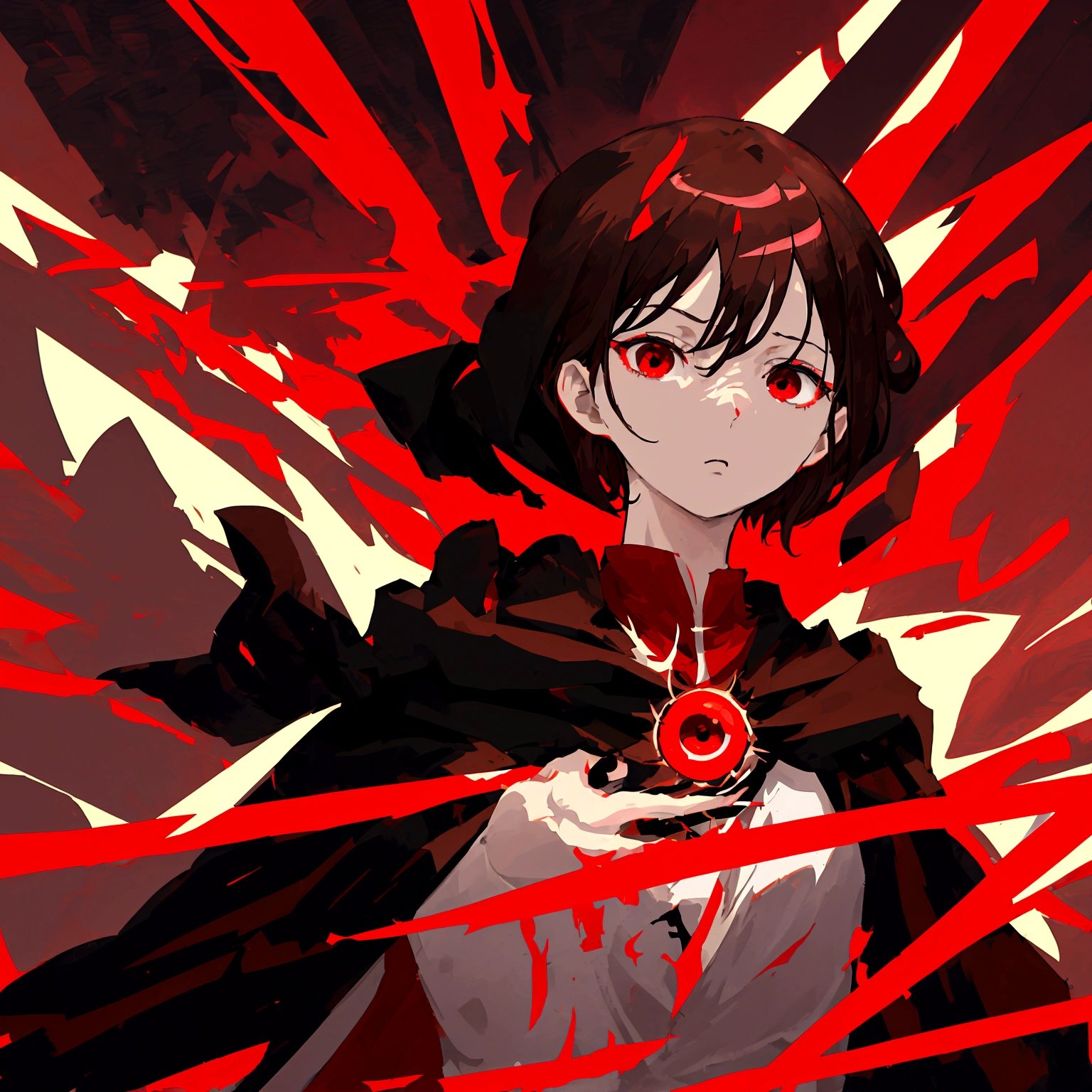 anime style diffusion, upper body, (face to the side 0.3), boy with messy brown hair bright red eyes, (open eyes 0.5), (serious face 0.1), black majestc cloak with red details, upper light, high contrast , 2D style, photoshop, cinematic