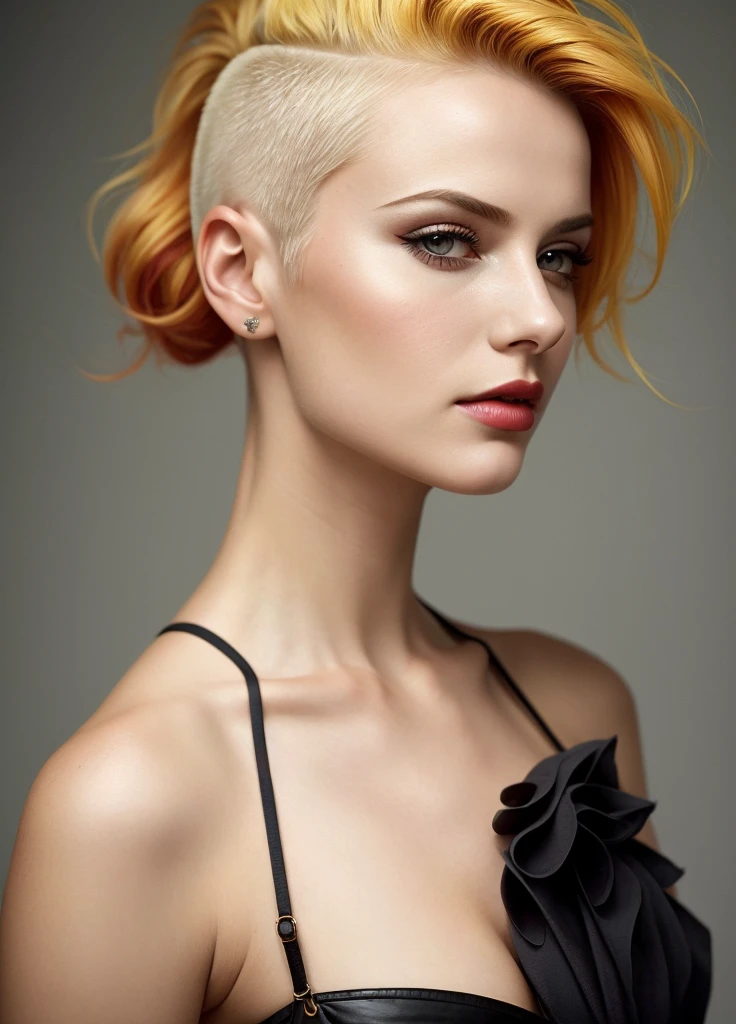 portrait of sks woman by Flora Borsi, style by Flora Borsi, bold, bright colours, blonde Mohawk haircut, ((Flora Borsi)),