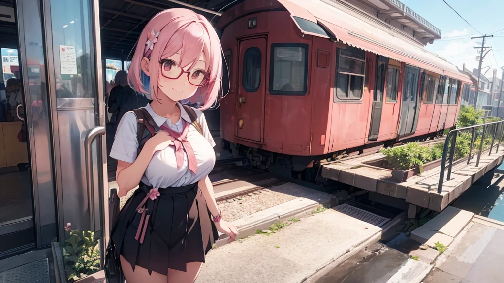 1girl,flower pattern ,train,station ,pastel pink hair,brown eye,bob hair,standing, put hands on body, full body,red frame eyewear,big breasts,smile