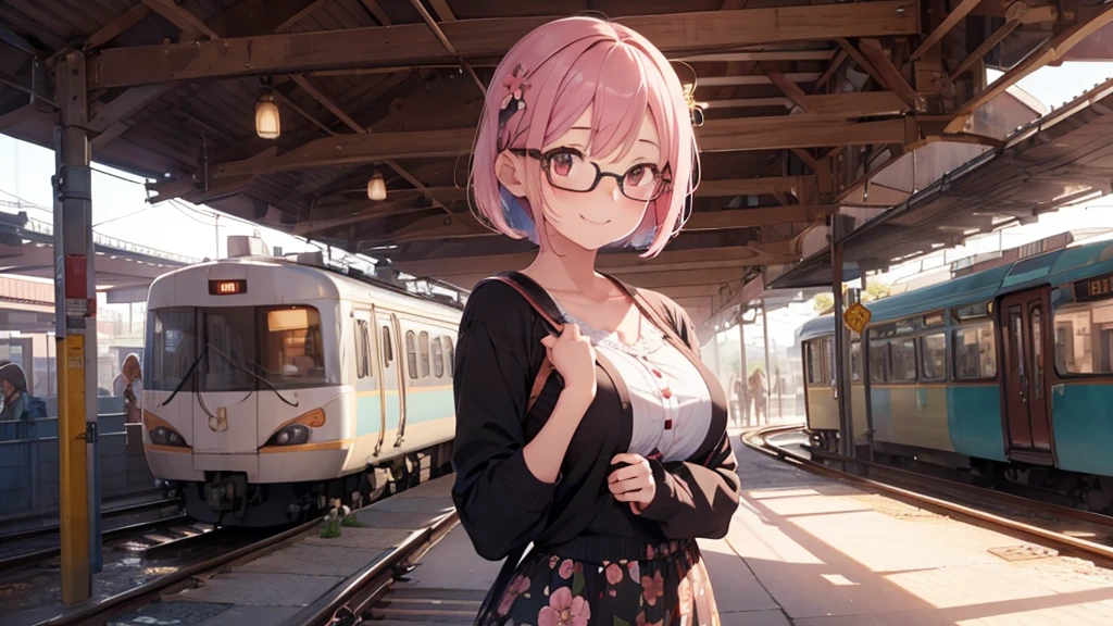 1girl,flower pattern ,train,station ,pastel pink hair,brown eye,bob hair,standing, put hands on body, full body,red frame eyewear,big breasts,smile