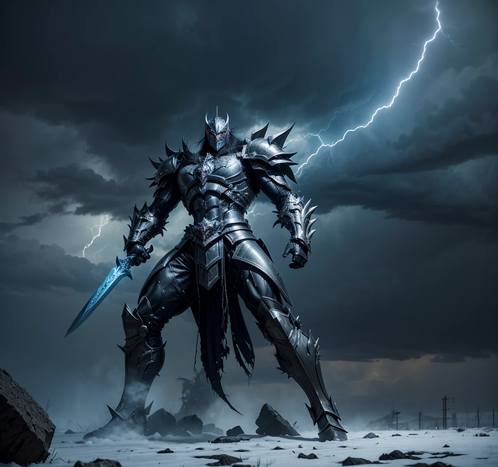 In the center of the scene, a metal hero with long black hair and armor adorned with spikes and skulls stands victorious. He wields the sword "Gram", which shines with an unearthly light, reflecting his determination and strength.
Beneath his feet lies the gigantic body of a defeated white dragon, scales glistening like snow in the moonlight. The dragon's eyes, which once shone with intelligence and power, are now dull, and its wings are spread out on the ground, scarred from intense battle.
The landscape in the background, with stormy clouds and lightning, adds a sense of urgency and tension to the scene.