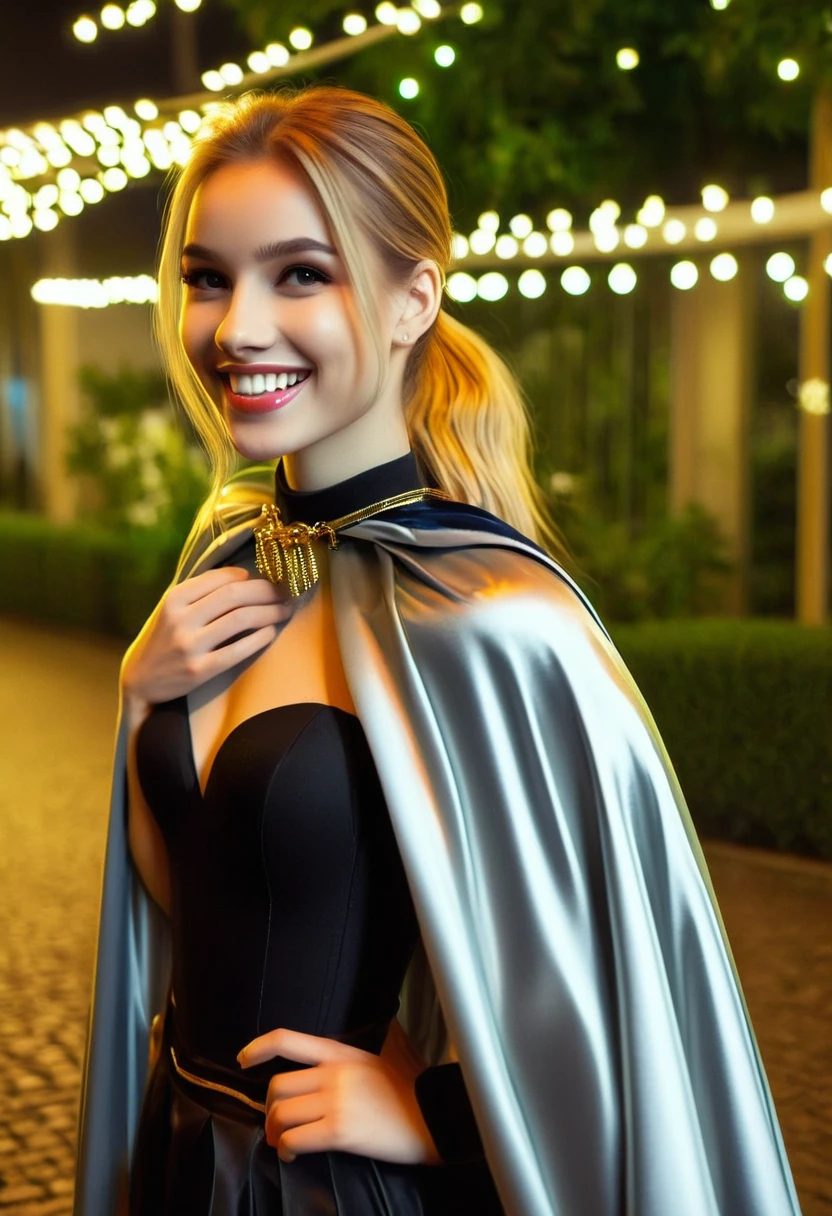 Vampyfangs1,(RAW photo) , 1girl, cute, 20 years old, long blonde hair in ponytail, smiling, look at viewer, ((((silver and gold lined satin cape tied at the neck)))+++, side spilt skirt , photo, realistic, best quality, hires, detailed face, detailed background, diffused lighting, depth of field, bokeh