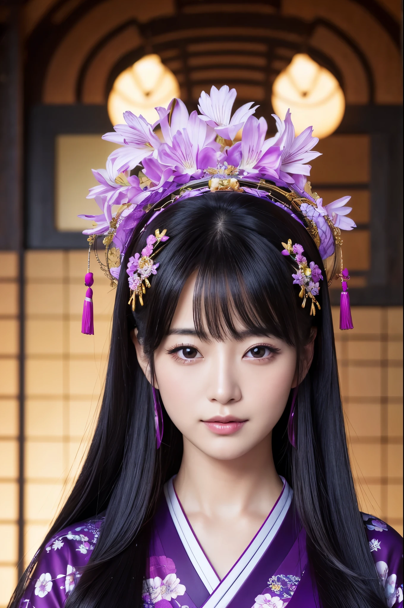 (8K,Photorealistic　to be born写真　Highest quality;1.4) Mature Japanese Goddess,so beautiful(A vivid face) ,(Long black hair),清楚なQueen,Gorgeous black and purple Japanese goddess&#39;Traditional costume of the month,Engage your audience,Beautiful expression,Moist black eyes,Queenのメイクアップ,(Queen),charm,Small breasts,Golden decoration,筋肉質の細い身体のマッチョなQueen,Gorgeous hair ornament,Holding a folding fan,kimono,Black and purple 月のkimono,非常にSmall breasts,Red eyeshadow,Ultra-high resolution,Surreal,Attention to detail,Rich colors, Backlight, Cinema Lighting, Film Grain, to be born, 50mm lens, Nikon D850,smile,Ultra-realistic,Highest qualityのフォトリアリスティックなRAW写真。Bright colors,Image of a perfect woman,Fantasy art,Character Art,background,A room in a large mansion,Extremely stiff abs,Muscular Beauty,Flower Hair Ornaments,Hairpin,