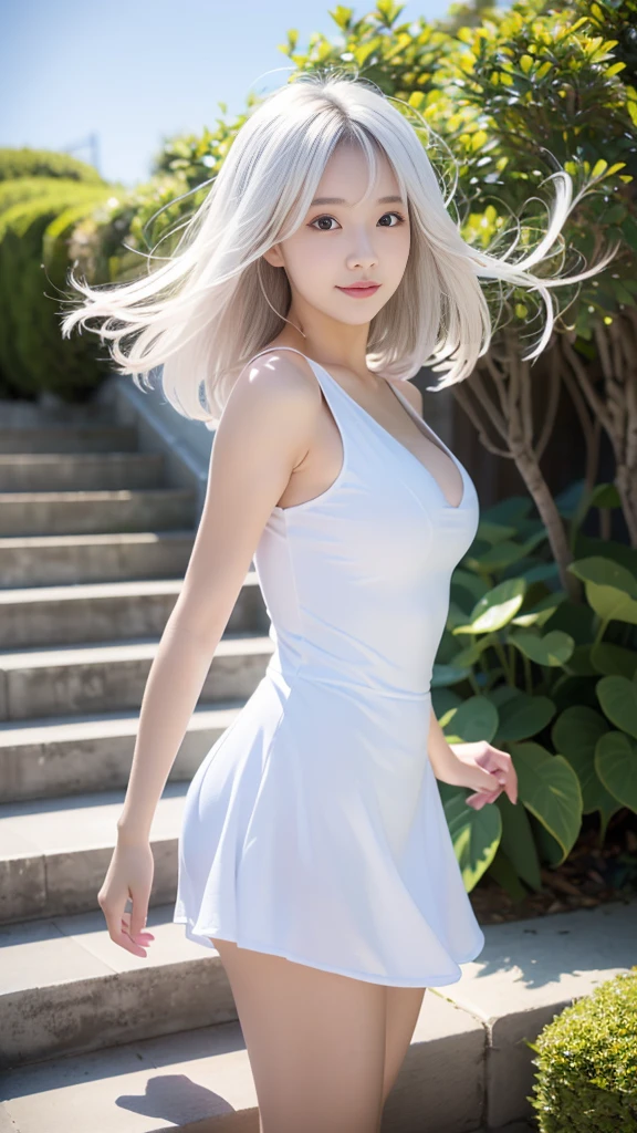 Some women have long white hair, A simple, thin one-piece dress worn by a beautiful girl, With slit, (Her skin is visible through her dress), Real life anime girls, , Baby Face, Small and slender figure, Perfect white hair girl, Anime Girl Cosplay, Photorealistic Animation, Realistic anime 3D style, Realistic young anime girl, Ultra realistic anime, (Two Side Up), White Hair Girl, Photorealistic Animation girl render, Beautiful anime school girl, (Blooming Flowers々A fantastic and beautiful staircase background created by), (Detailed eyes and face:1.2, Professional photography techniques), Beautiful breasts, (Cleavage), Slender body line, Small beautiful butt, (Tight high waist), Cute Smile, ((Hair fluttering in the wind:1.3, Skirt rolled up in the wind:1.2))